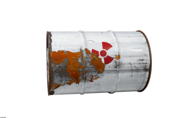 White or gray dirty barrel with radioactive waste. Nuclear warning sign. Rusty dangerous barrel with radionuclide, hazardous toxins on isolated background