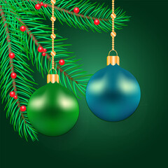 A realistic vector illustration of Christmas tree baubles on a green pine branch.