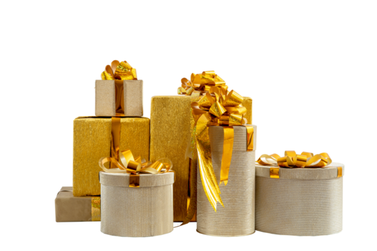 Golden gift boxes for holidays, birthday, promotions, christmas, new year, wedding. Elegant luxury wrappers, lush bows on isolated background.