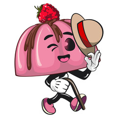 cute pink jelly dessert mascot cartoon vector food illustration, adorable raspberry pudding character with Chocolate Topping walk with a stick and saluting with raised hat, work of hand drawn