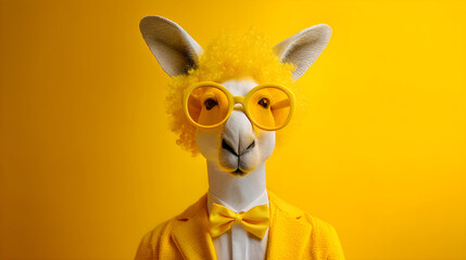 Naklejka premium Yellow dressed alpaca wearing clown wig and glasses