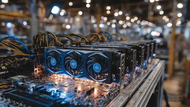 3Hyperrealistic shot of multiple graphics cards aligned inside a cryptocurrency mining rig, radiating heat and energy in a dimly lit industrial space