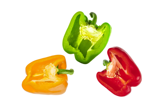 Halves of red, gren and yellow bell peppers isolated on transparent background. Fresh vegetable with green stem, perfect for healthy food, cooking, and vegetarian design concepts.