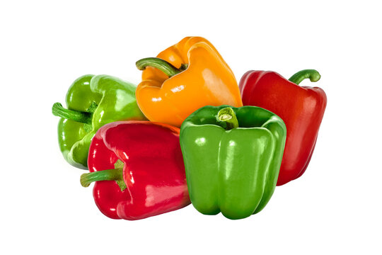Mix of colorful red, gren and yellow bell peppers isolated on transparent background. Fresh vegetable with green stem, perfect for healthy food, cooking, and vegetarian design concepts.