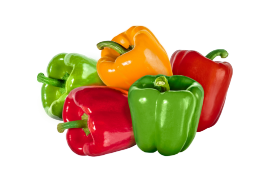 Mix of colorful red, gren and yellow bell peppers isolated on transparent background. Fresh vegetable with green stem, perfect for healthy food, cooking, and vegetarian design concepts.