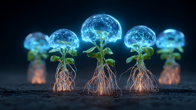 Bioluminescent Plants With Neural Network Roots: Sci-Fi Botanical Concept - Powered by Adobe