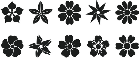 Fototapeta premium Collection of ten unique black silhouette floral designs and flower shapes on a white background