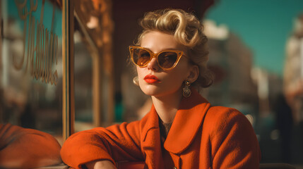 Woman wearing retro sunglasses and red coat outdoors