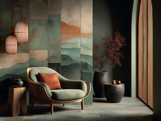 Modern living room in Japandi style