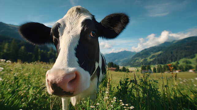 Holstein cow grazing in green pasture with mountains