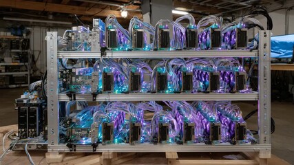 4Mining rig filled with dozens of high-end GPUs mounted on aluminum frames, glowing with electric hues - Powered by Adobe
