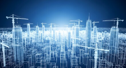 Modern blueprint of a digital city skyline under construction with cranes against a dark blue background, technology and innovation