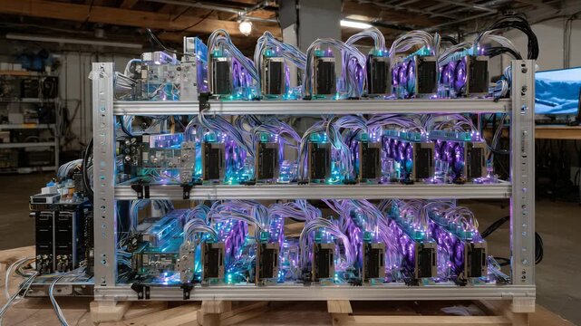 4Mining rig filled with dozens of high-end GPUs mounted on aluminum frames, glowing with electric hues