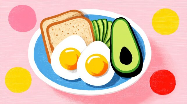 Cartoon drawing of a plate of food with toast, eggs, and avocado. The plate is blue and pink, and the background is filled with circles. The drawing conveys a sense of fun and creativity