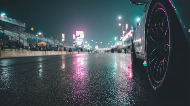 Sleek black racecar tire reflecting vibrant neon lights on a wet asphalt track, captured from a wideangle and dynamic perspective at night, exuding highspeed excitement and modern urban energy with c