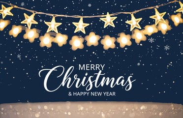 Fototapeta premium Festive string of glowing star and flowershaped christmas lights with a dark blue, snowy background and the text merry christmas happy new year above a blurred foreground