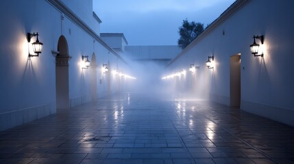 Eerie shadowy corridor with swirling mist, flickering lanterns illuminating tiled mosaic floor, captured from a wideangle, creating a mysterious and atmospheric ambiance