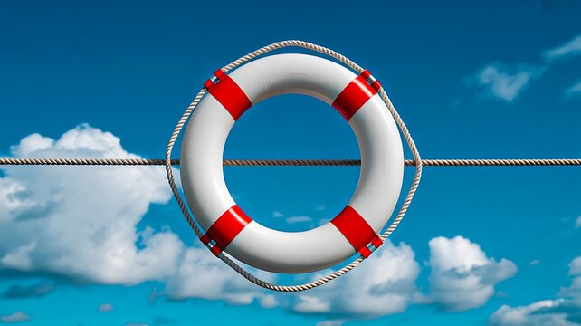 Lifebuoy hanging on rope against blue sky symbolizing rescue and safety