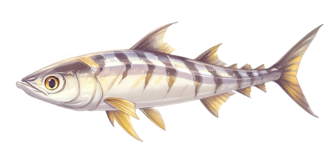Illustration of a striped mackerel tuna isolated on transparent background, showcasing its streamlined body, sharp fins, and distinctive dark stripes along its silvery sides