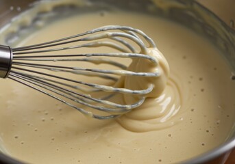 Fototapeta premium Close up of a whisk mixing a creamy yellow batter in a bowl, baking ingredients and preparation