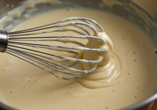 Close up of a whisk mixing a creamy yellow batter in a bowl, baking ingredients and preparation
