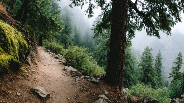 Misty mountain trail with towering pine trees and lush moss in a foggy forest scene, serene and inviting for outdoor adventures