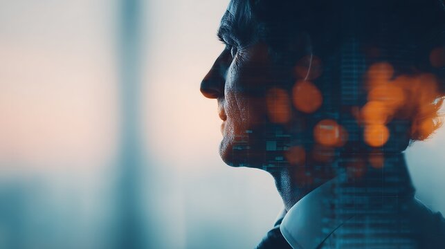 A silhouette of a man against a blurred urban backdrop, suggesting contemplation and ambition in a modern cityscape.