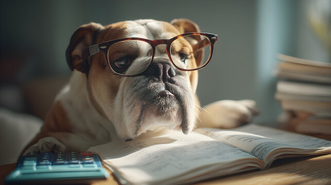 Bulldog wearing glasses studying book with calculator - Powered by Adobe