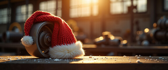 Santa's hat placed on old grinding machine in industrial setting  