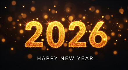 Golden sparkling 2026 happy new year text on dark bokeh background