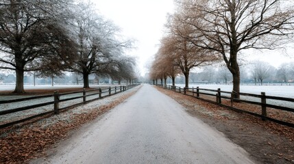 Serene rural winter road with frosty trees and scattered brown leaves under a moody grey sky, inviting quiet reflection and seasonal tranquility