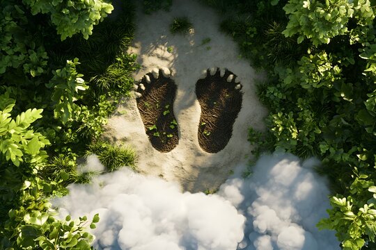 Aerial view of mysterious footprints in the forest with smoke and green trees