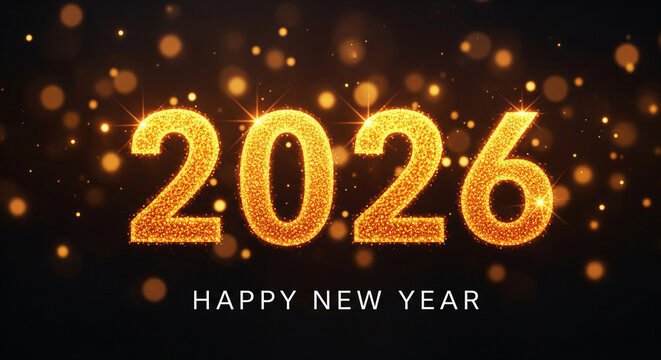 Golden sparkling 2026 happy new year text on dark bokeh background