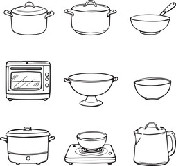 Obraz premium Grid of black line kitchen appliance and utensil icons including pots, oven, kettle, bowls, and strainer