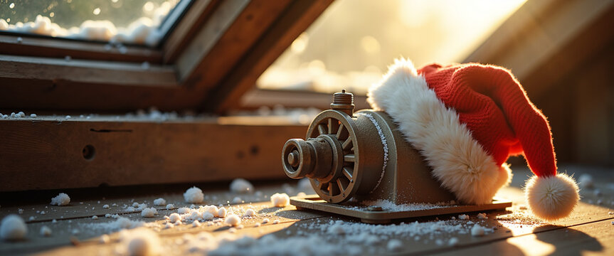 Santa's hat placed on old dusty grinding machine by window with snow  