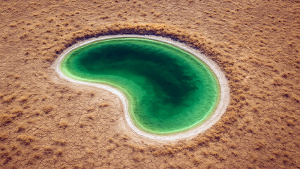 Obraz premium Aerial view of a vibrant green oasis in a dry cracked desert landscape