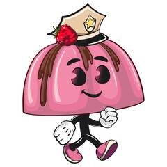 cute pink jelly dessert mascot cartoon vector food illustration, adorable raspberry pudding character with Chocolate Topping as a policeman, work of hand drawn