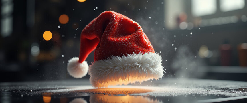 Santa's hat floating on a table with snowflakes and warm lighting  