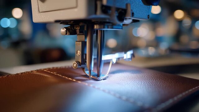 12Close-up of high-end leather upholstery being sewn by machine, texture and stitching in sharp focus
