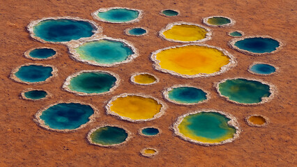 Aerial view of colorful mineral pools in arid landscape