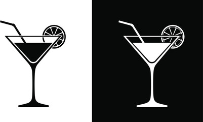 Cocktail glass icon with lemon slice and straw, refreshing summer drink symbol, minimalist beverage illustration in black and white vector style