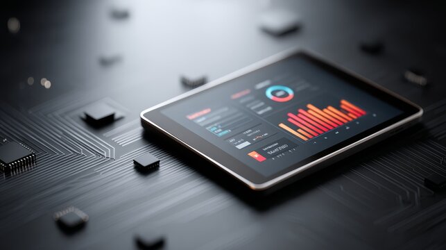 Futuristic digital dashboard with glowing holographic charts on sleek tablet against hightech circuit board backdrop, modern design, innovative technology, data visualization, advanced electronics, c
