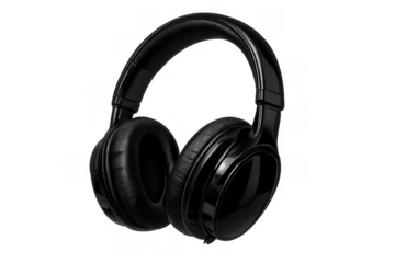 Black wireless over-ear headphones providing personal audio experience on transparent background