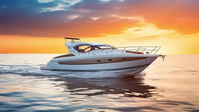 White motorboat skimming across smooth water at sunrise