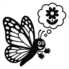 Obraz premium Cute cartoon butterfly dreams of flower, simple vector graphic isolated on white background, Vector