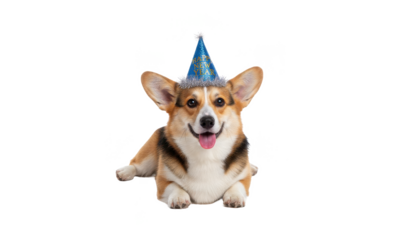 Happy Corgi Dog Wearing a New Year's Party Hat on White Background