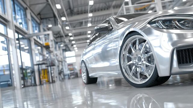 13Polished silver vehicle in a high-end repair facility, close-up on front fender and wheel area as it&rsquo;s being serviced, reflections of glass walls and stainless steel equipment, cle