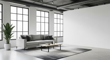 Modern minimalist living room interior with large windows and sleek furniture design