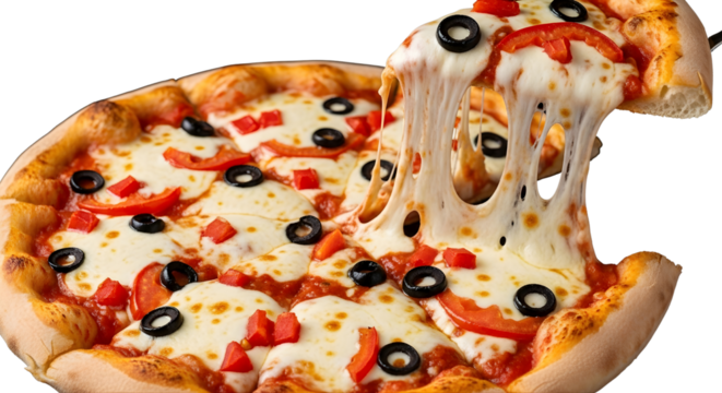 Delicious slice of classic Italian pizza with stringy melted mozzarella cheese being lifted from a freshly baked whole pie, transparent PNG