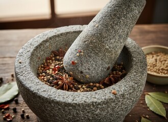 Grinding whole spices in a stone mortar and pestle, preparing herbs for cooking and seasoning recipes